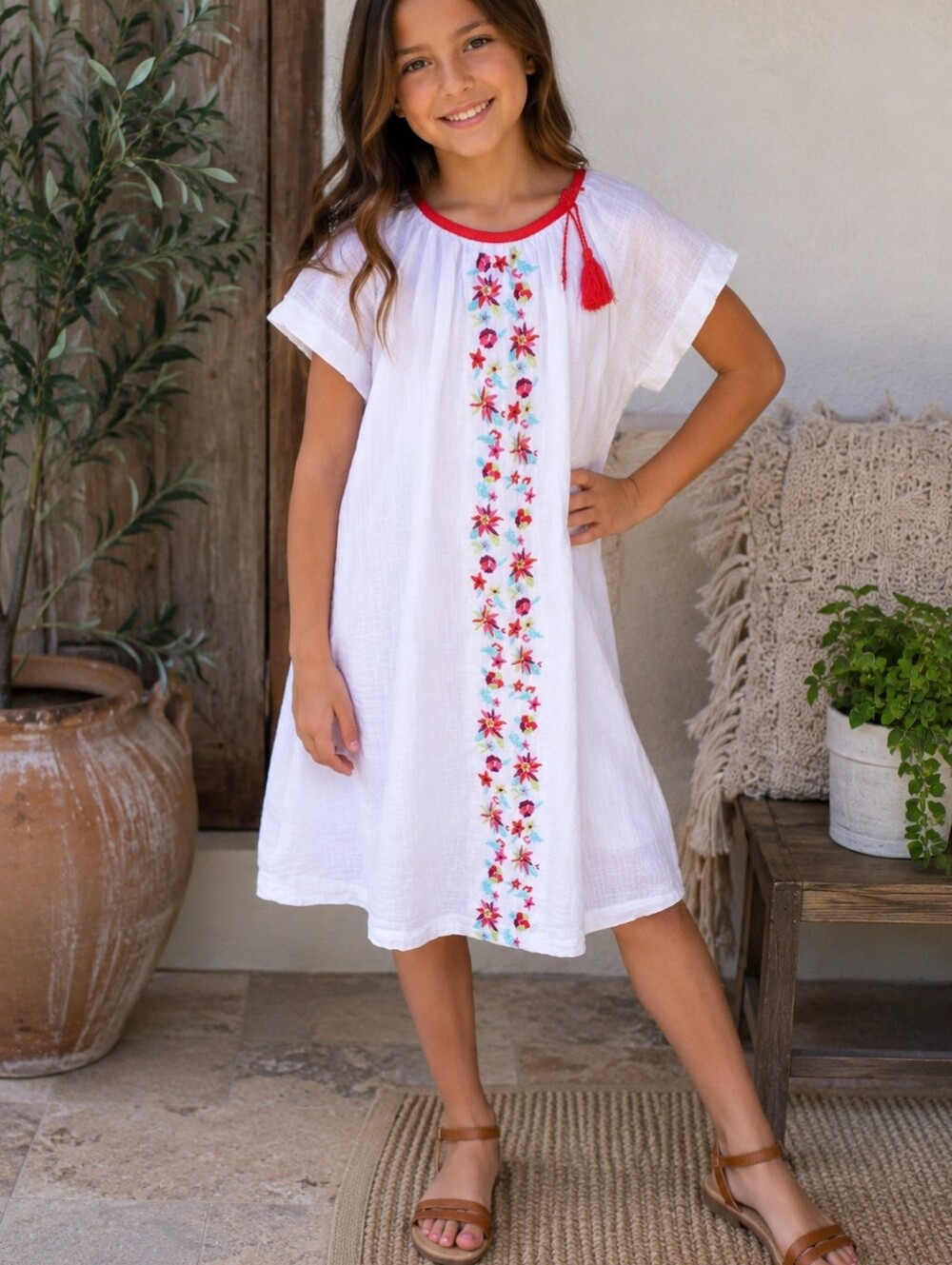 Garnet Hill Kids 100% Cotton Boho Folk Embroidered White Gauze Dress Girls Large